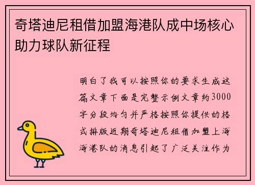 奇塔迪尼租借加盟海港队成中场核心助力球队新征程